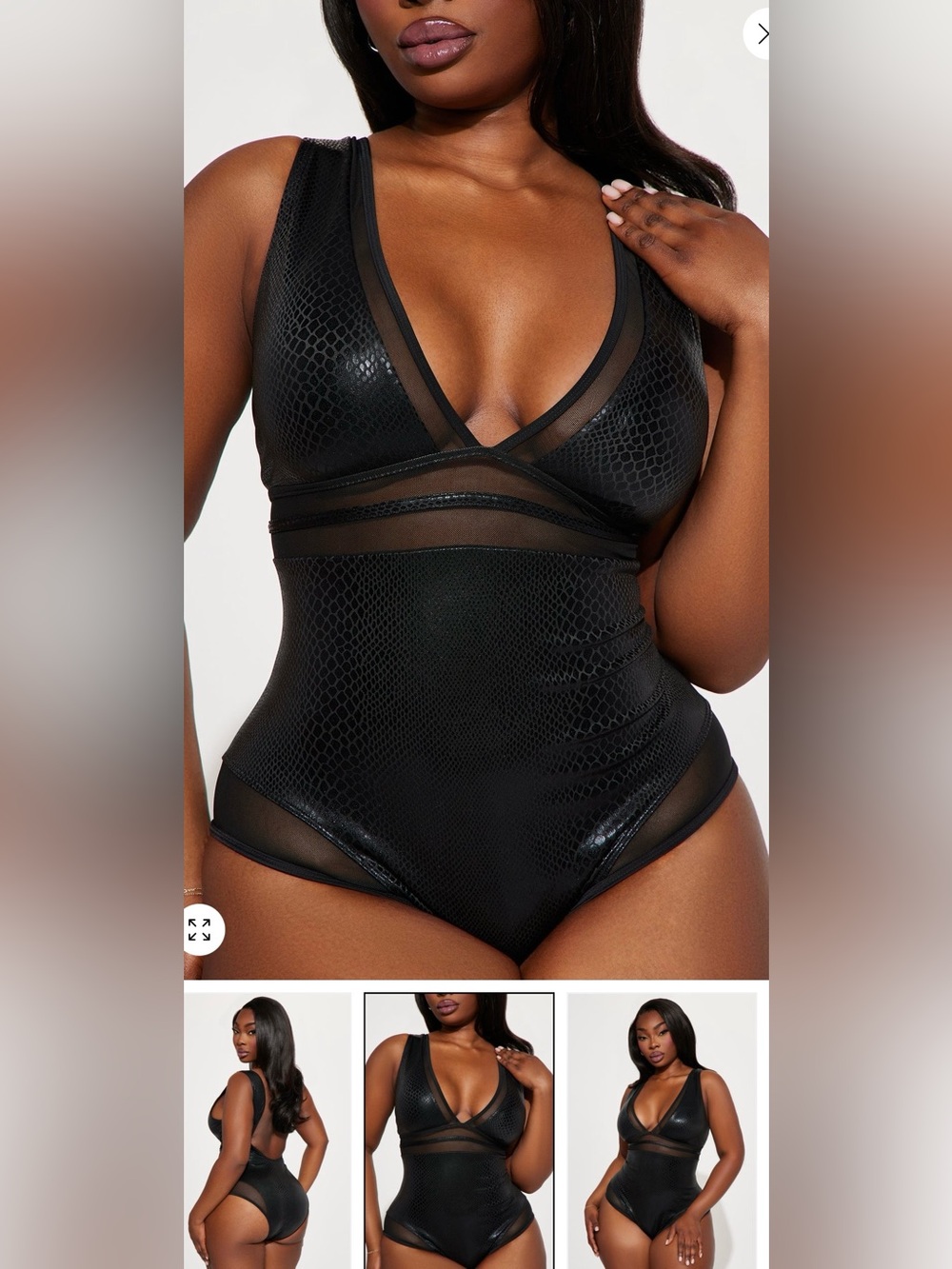 Fashion Nova Black Snake-Texture Mesh One-Piece